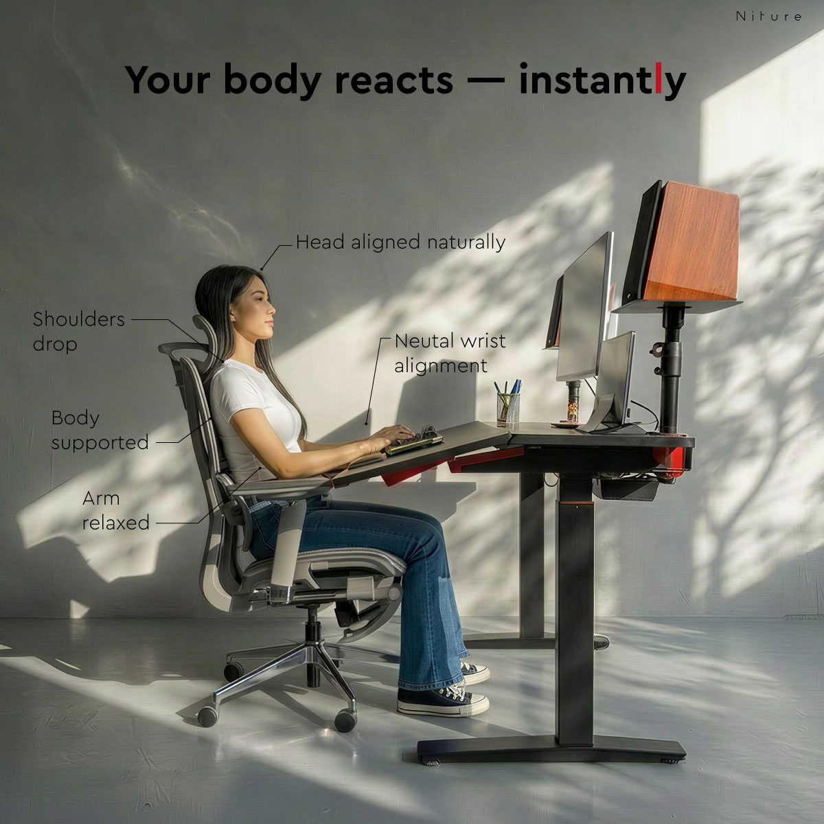 Permukaan dwi-zon Niture TILT dengan permukaan kerja condong dan panel setup bermagnetik