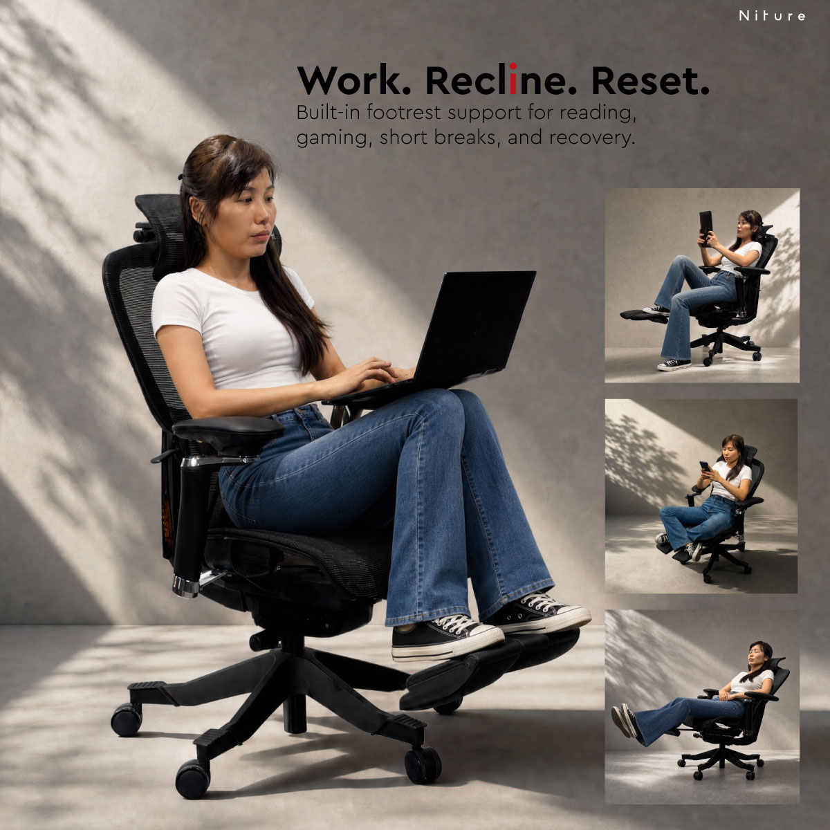Kerusi ergonomik SINC Lite dengan konfigurasi tapak kaki boleh tarik