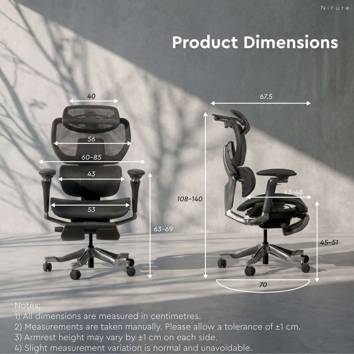 Dimensi kerusi ergonomik UltraSinc dalam sentimeter