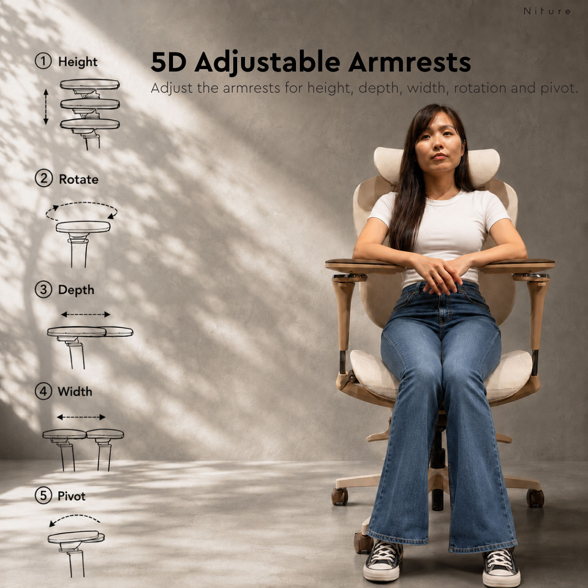 Arah pelarasan sandaran lengan boleh laras SINC Air dual-axis 5D