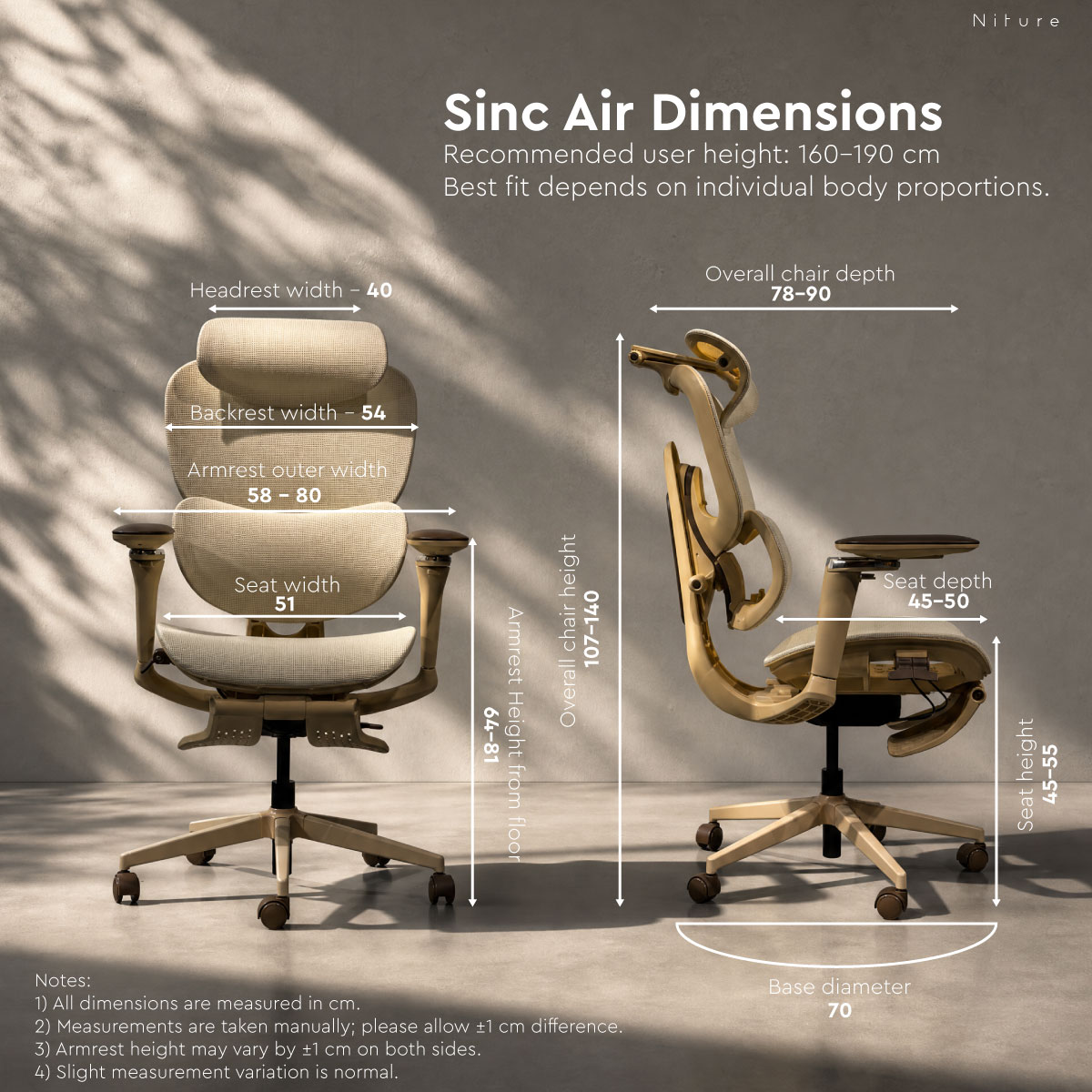 Dimensi kerusi ergonomik SINC Air