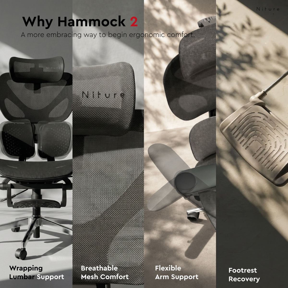 Hammock 2 人体工学椅，带包裹式腰部支撑、透气网布、柔性扶手与脚托