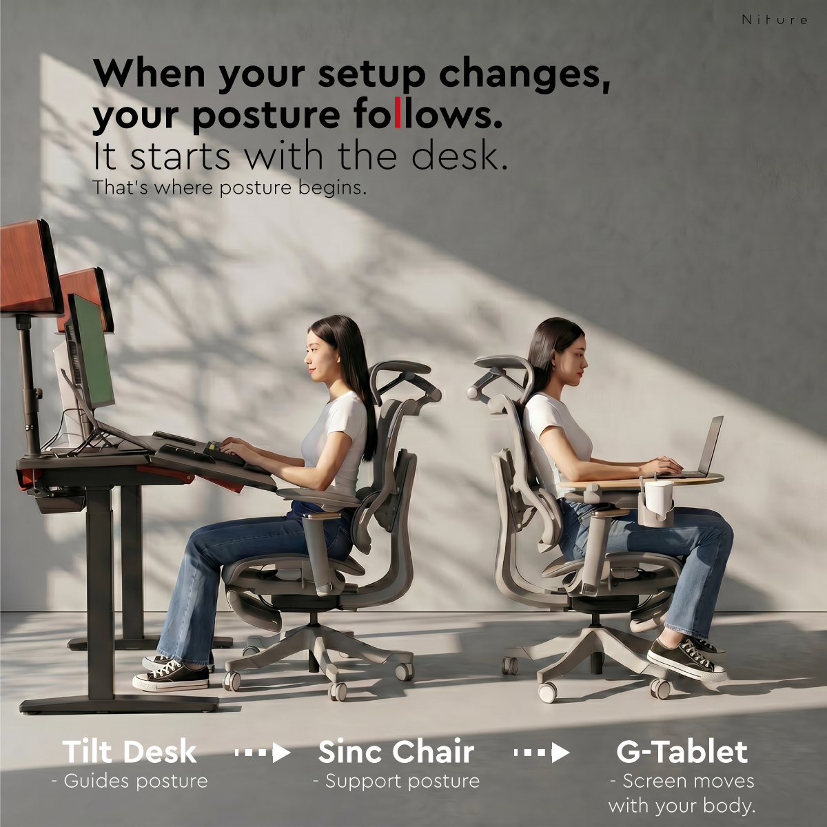 Ekosistem ergonomik Niture yang menggabungkan Meja TILT, kerusi ergonomik SINC dan G Tablet