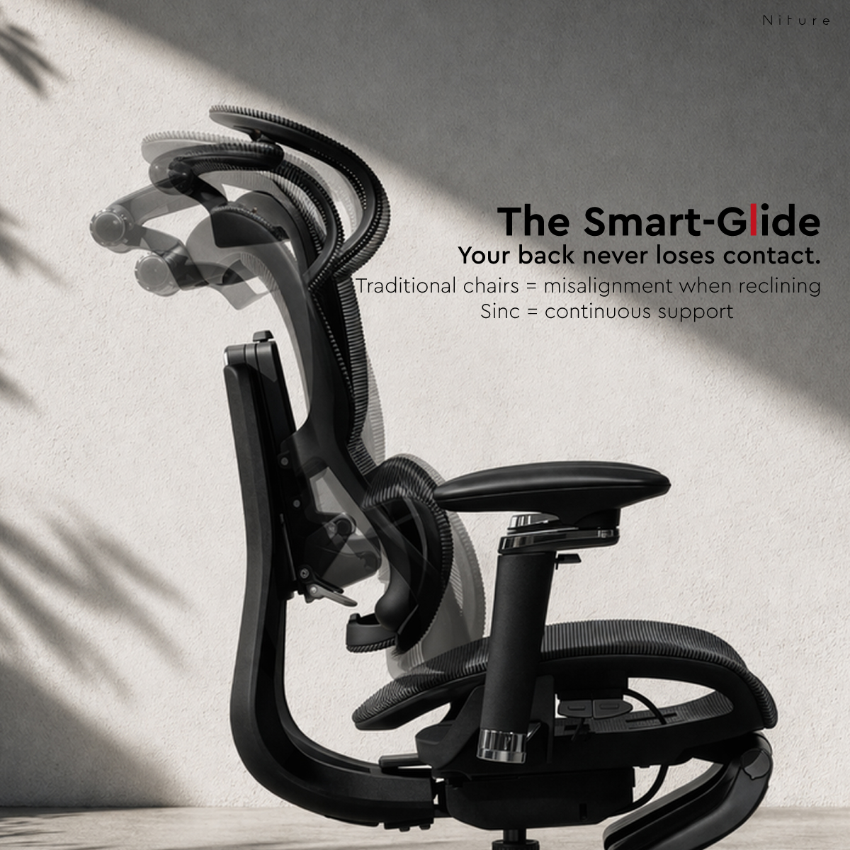 Sandaran Smart-Glide SINC bergerak melalui pelbagai posisi bersandar