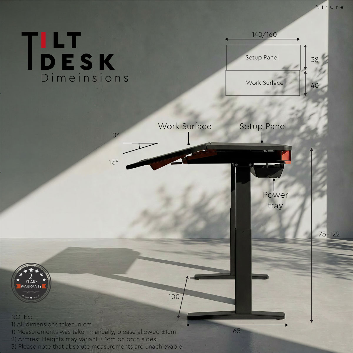 Dimensi meja laras ketinggian Niture TILT dalam saiz meja utama 1400 mm dan 1600 mm