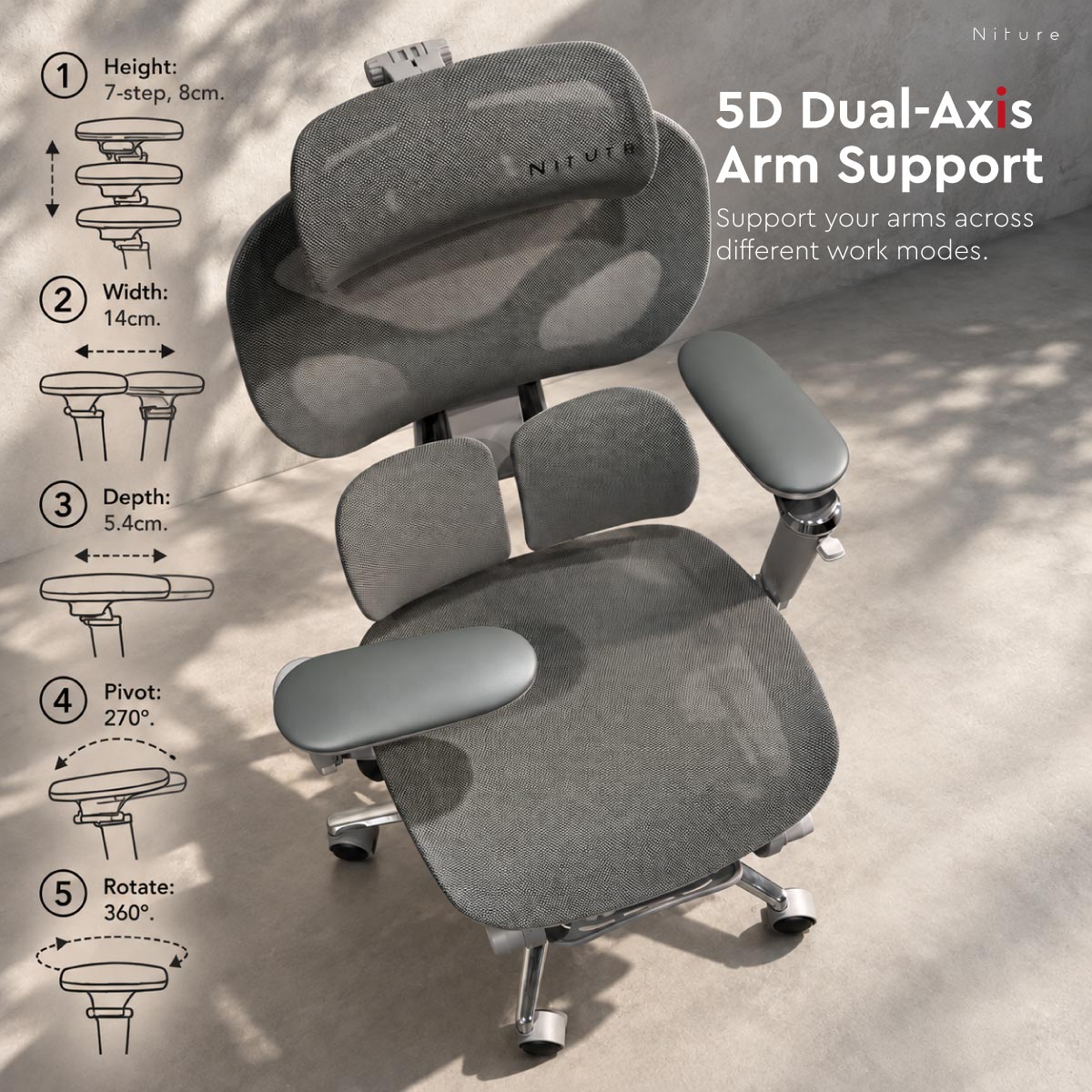 Hammock 2 5D Dual-Axis armrests with height, depth, width, rotation and pivot adjustment