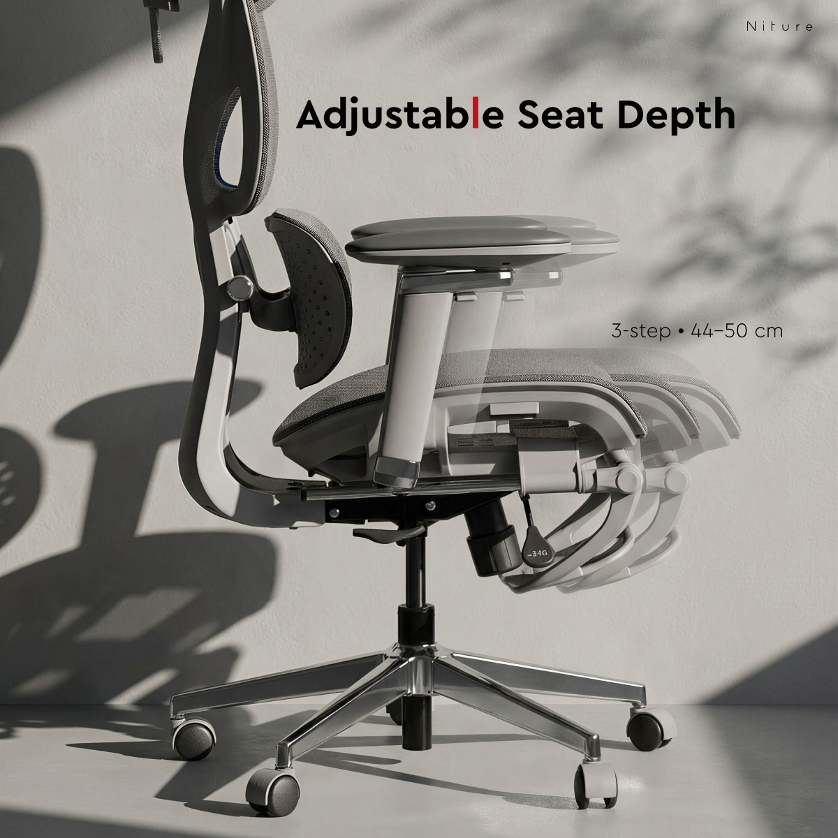 Hammock 2 three-step seat depth adjustment from approximately 44 to 50 centimetres