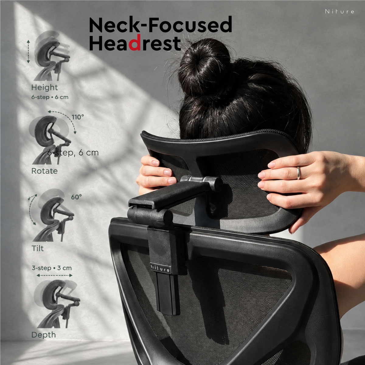 Hammock 2 4D headrest with six-step height, three-step depth, 60 degree tilt and 110 degree rotation adjustment