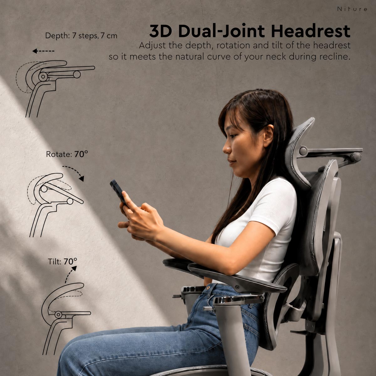 SINC 2 3D Dual-Joint Headrest with 7-step 7 cm depth adjustment, 70 degree rotation and 70 degree tilt