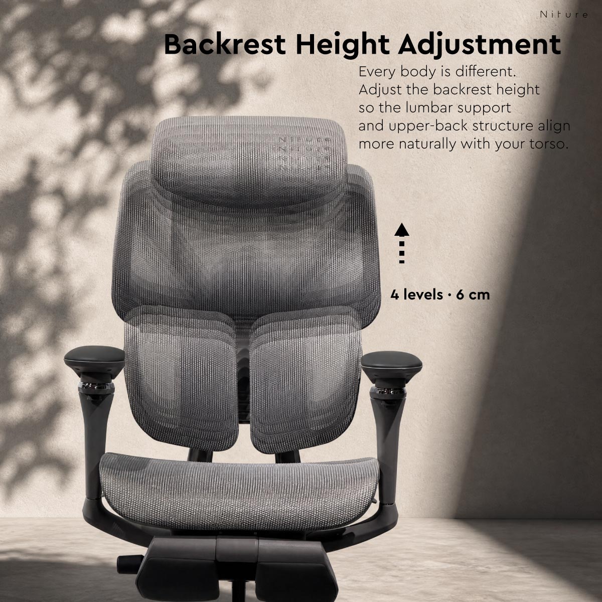 SINC 2 backrest height adjustment with four levels across a 6 cm range