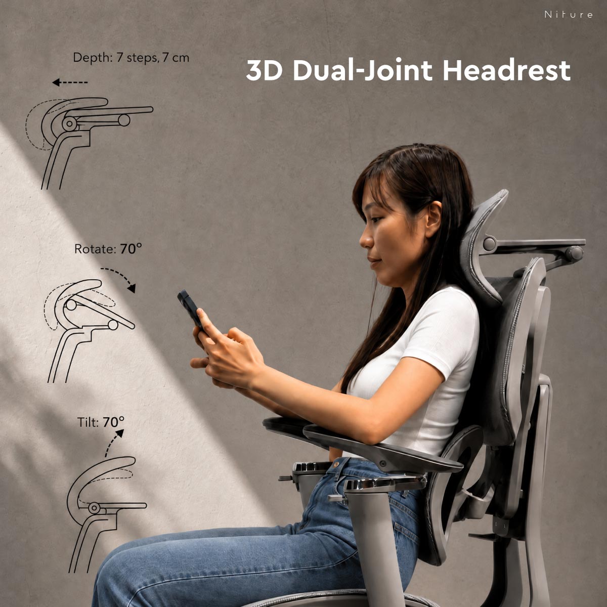 SINC 2 3D Dual-Joint Headrest with 7-step 7 cm depth adjustment, 70 degree rotation and 70 degree tilt