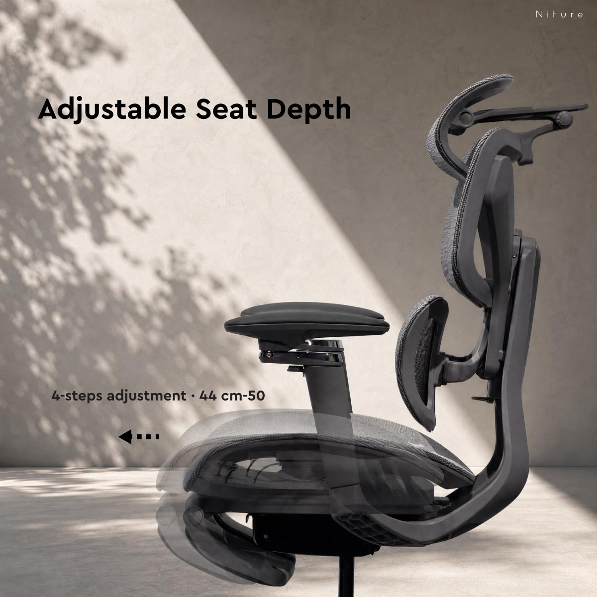 SINC 2 usable seat depth adjustment with 4 steps from approximately 44 to 50 cm
