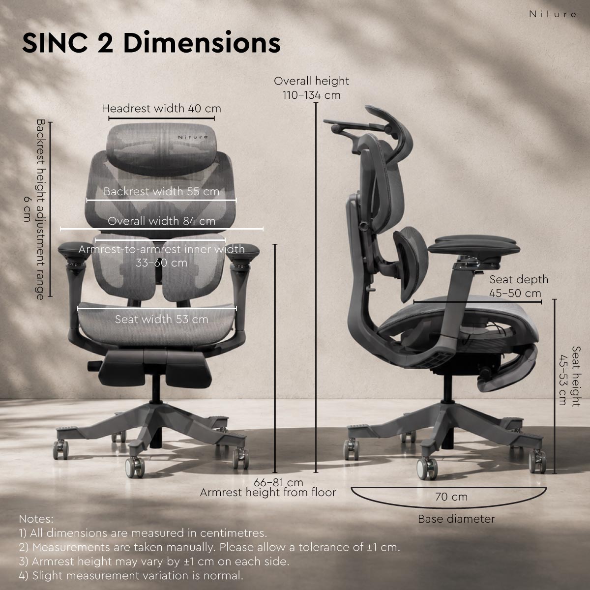 SINC 2 ergonomic chair dimensions including seat height, seat depth, overall height, widths and adjustment ranges