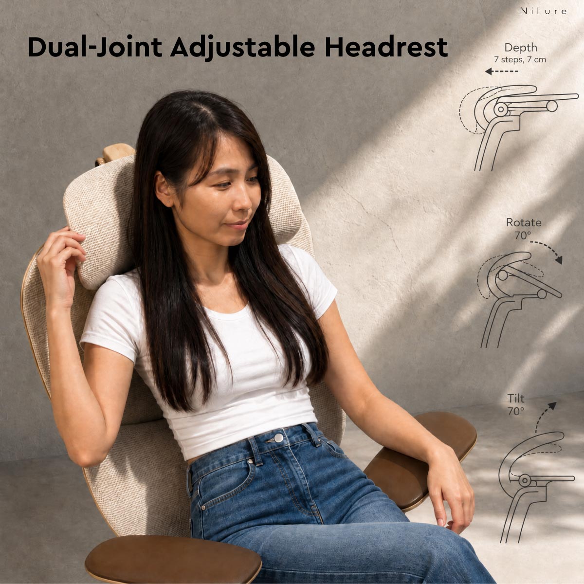 SINC Air adjustable headrest with 7-step depth, 70 degree rotation and 70 degree tilt