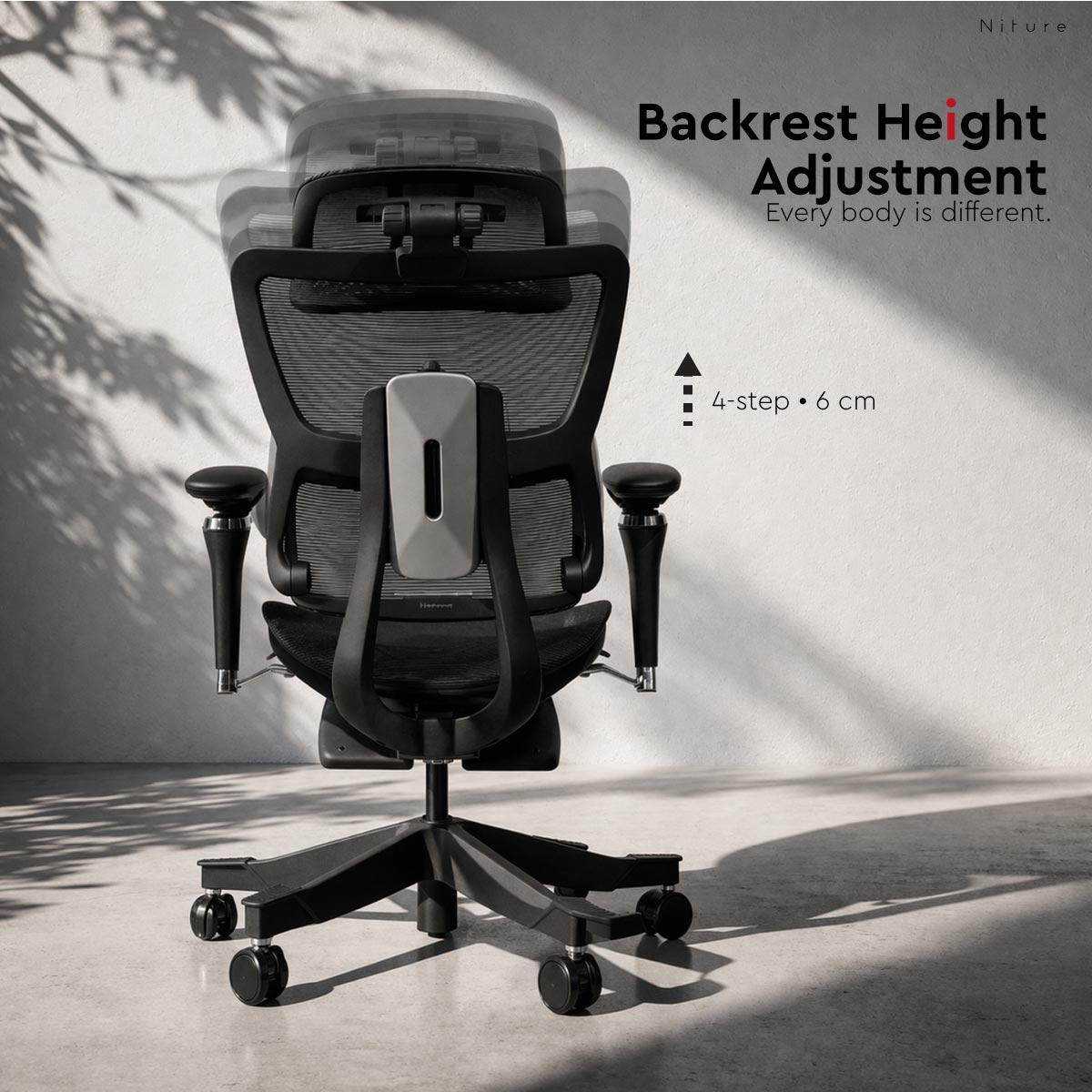 Niture SINC ergonomic chair with 4-step, 6 cm backrest height adjustment
