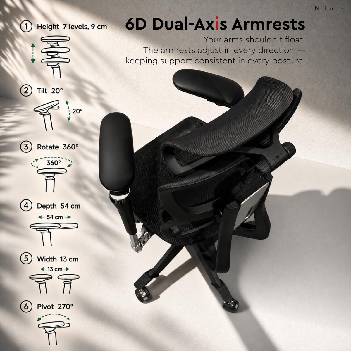 Niture SINC 6D Dual Axis Armrest with adjustable height, tilt, rotation, depth, width and pivot