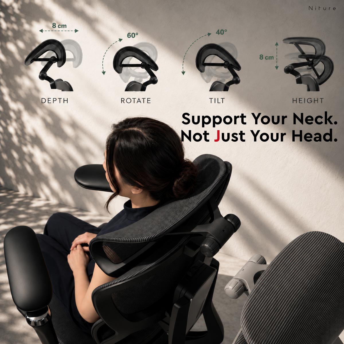 Niture SINC 4D adjustable headrest with 8 cm depth, 60 degree rotation, 40 degree tilt and 8 cm height adjustment