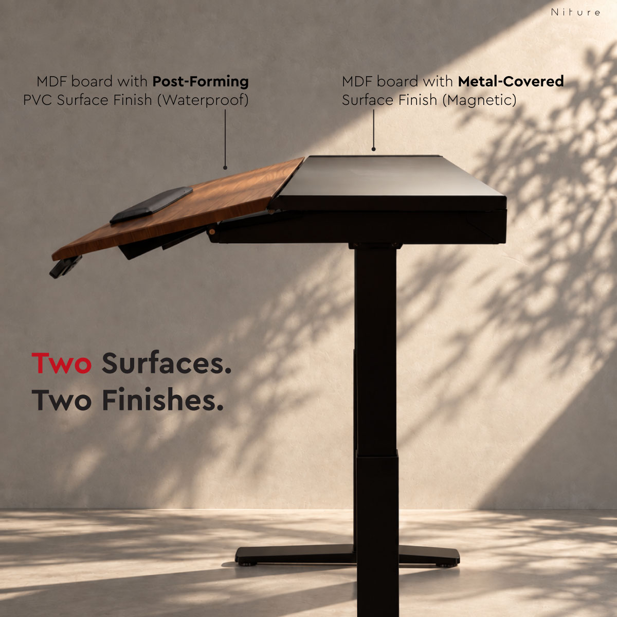 Niture TILT dual-zone worktop showing MDF Work Panel with post-forming PVC waterproof finish and MDF Magnetic Setup Panel with metal-covered surface