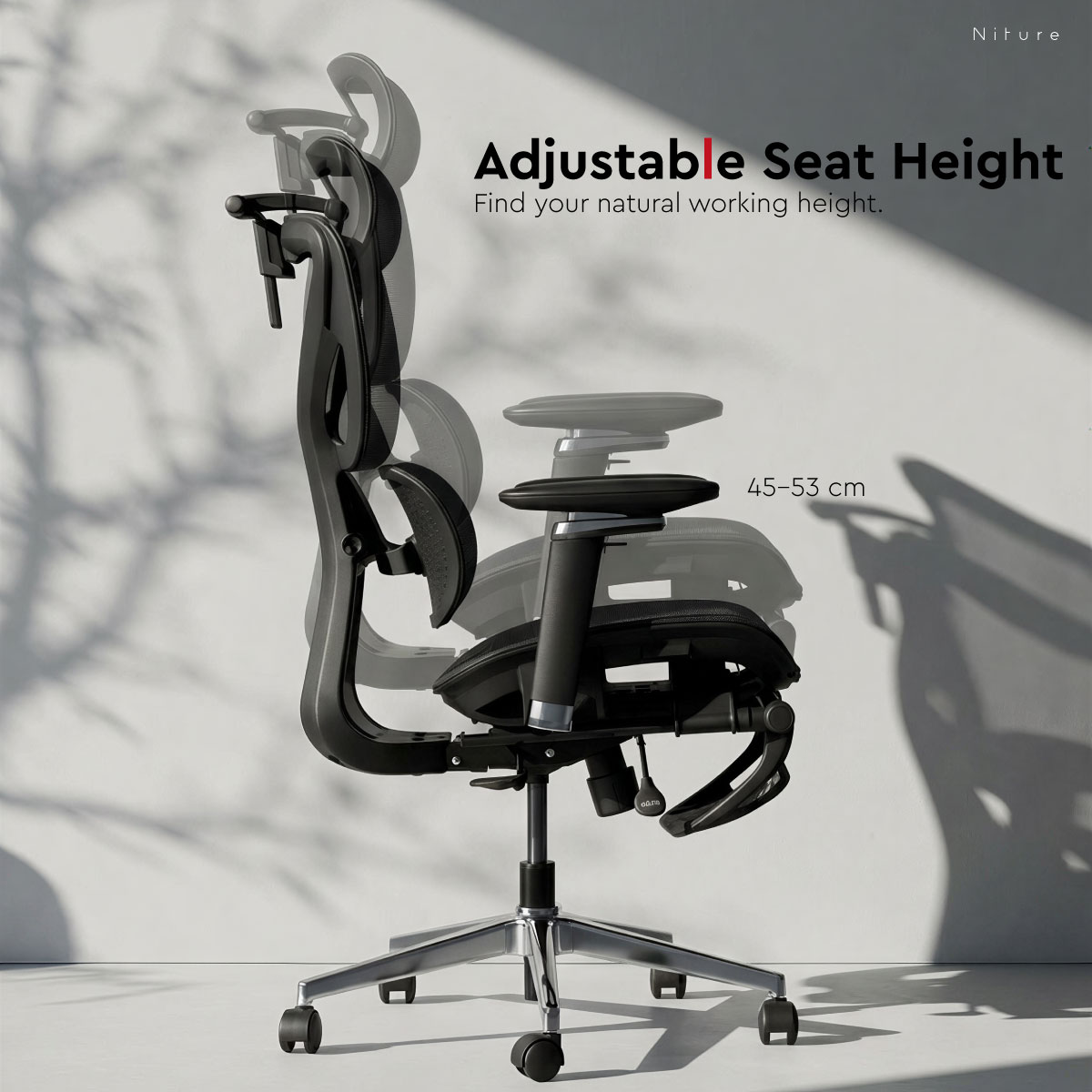 Hammock 2 ergonomic chair seat height adjustable from approximately 45 to 53 centimetres