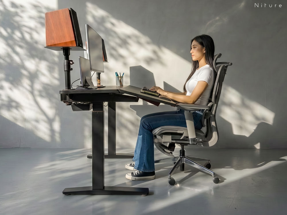 Niture TILT used in an angled sitting position with an ergonomic chair